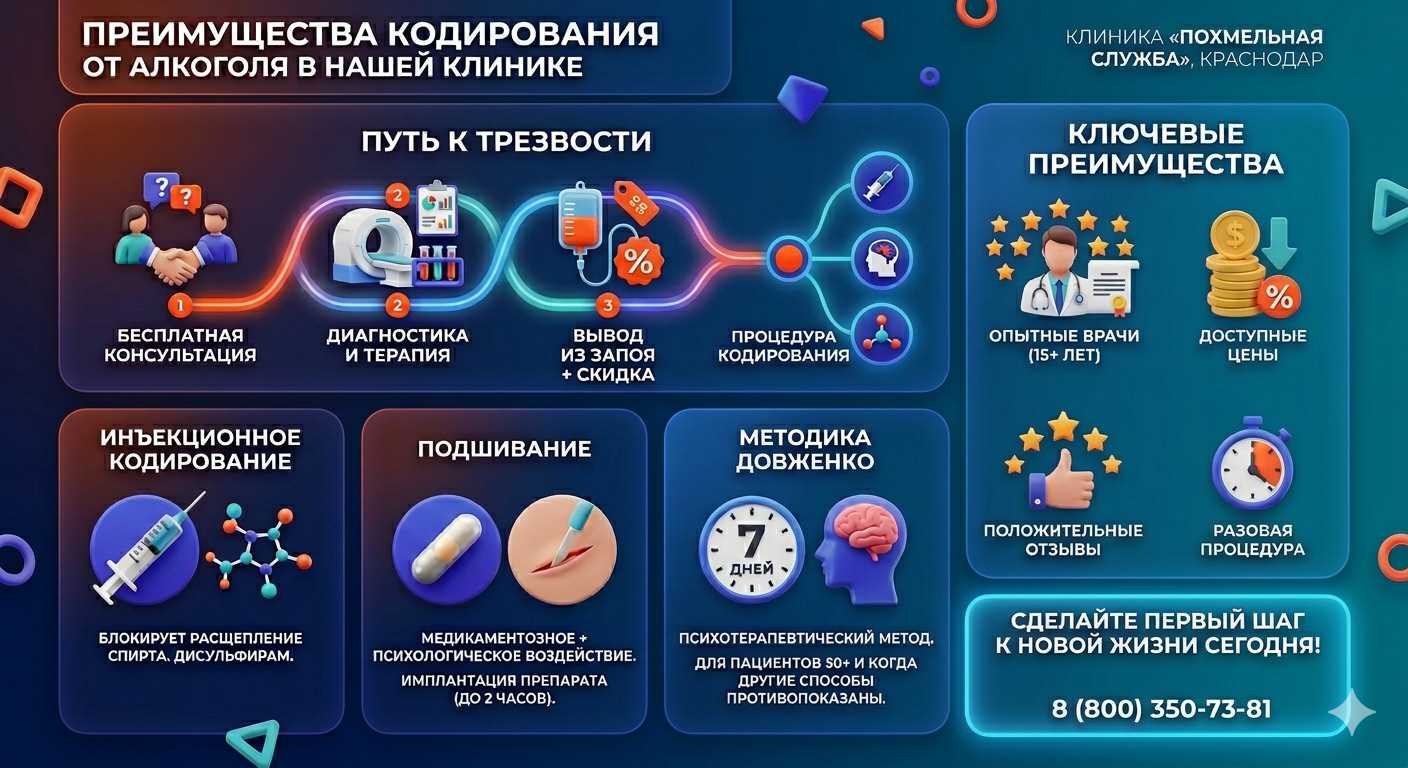 Инфографика о методах кодирования от алкоголя в Кочубеевском: инъекции, подшивание, метод Довженко. Преимущества клиники и этапы лечения.