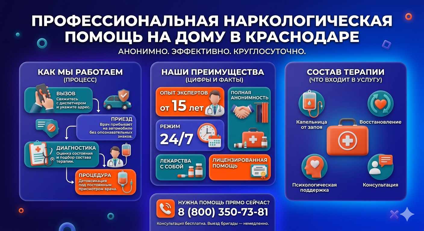 Инфографика о принципах лечения алкоголизма на дому в Кочубеевском: этапы вызова нарколога, преимущества анонимной детоксикации и состав медицинской помощи.